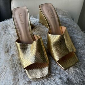 SCHUTZ Metallic Gold Textured Mules